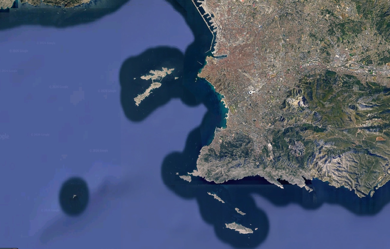 Satellite map of Marseille and the islands off its coast